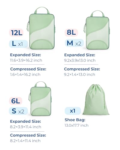 BAGSMART Compression Packing Cubes - 6 Set Travel Packing Cubes for Suitcases, Compression Suitcase Organizers with Shoe Bag - color: 07-Kohlrabi Green