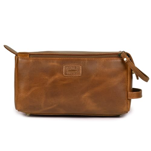 LEATHER VILLAGE Genuine Leather Travel Toiletry Bag - Water-Resistant Dopp Kit for Toiletries, Large Shaving Bag & Bathroom Organizer - Gift for Men & Women - Tan Brown - color: Sun Tan
