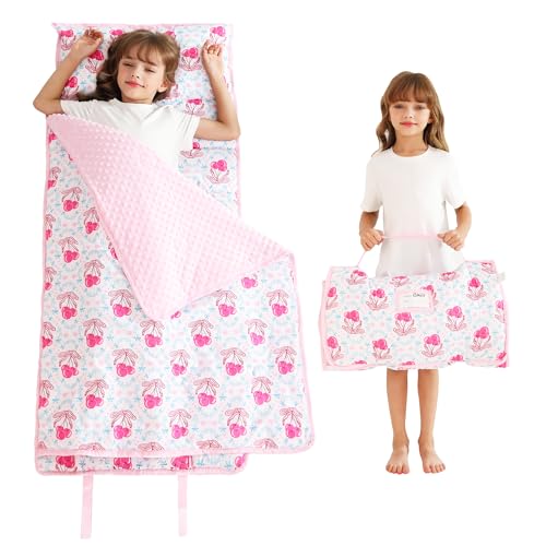 Lasoftan Toddler Nap Mat with Pillow and Blanket, Extra Large Rolled Napping Mats,Slumber Bags for Boys Girls,Kids Sleeping Bag for Daycare, Preschool Travel Camping - color: Bow Cherry
