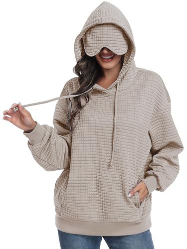 SeSe Code Hoodie With Eye Mask Waffle Hooded Sweatshirts Womens Travel Airplane Sleep Hoodies Mens Oversized Pullover - color: Apricot, size: Large
