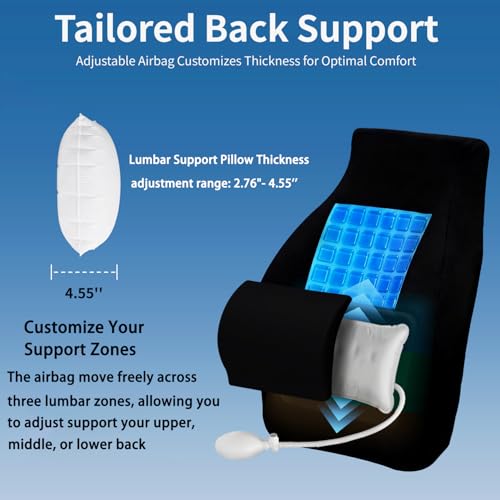Adjustable Airbag Lumbar Support Pillow with Cooling Gel - Customizable Support for Upper Lower Back Pain Relief, Improves Posture, Memory Foam Back Cushion for Office Chair, Car/Truck Seat, Couch