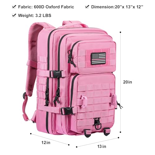 Hannibal Tactical MOLLE Assault Backpack, Tactical Backpack Military Army Camping Rucksack, 3-Day Pack Trip w/USA Flag Patch, D-Rings, Pink - color: Pink