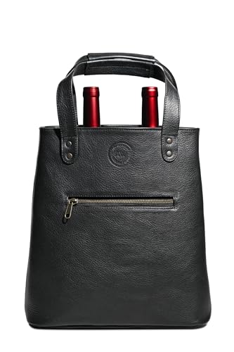 Premium Collection Genuine Leather Two-bottle Wine Tote | Luxury & Style Bag | Ideal Gift | Women and Men - color: Black