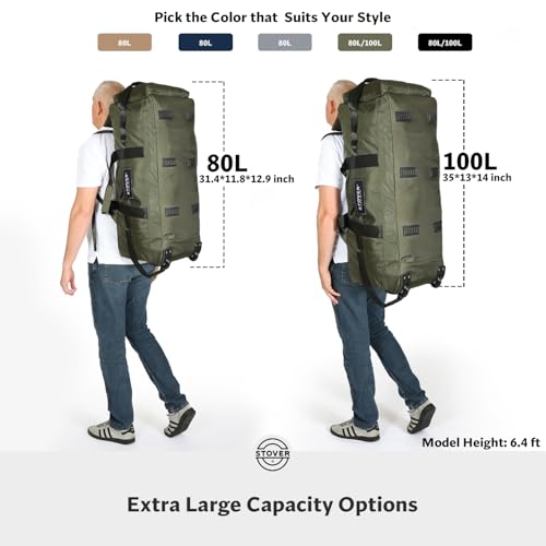 STOVER 45/80/100L Rolling Duffel Bag with Wheels, Large Durable Travel Duffle + Toiletry Bag, Heavy Duty, Packable, Foldable with Shoulder Straps- Use as Luggage or Backpack, Men/Women (Blue) - color: Blue