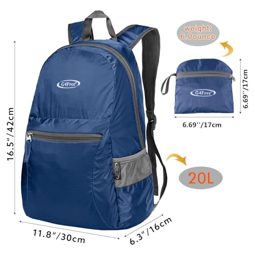 G4Free 20L Lightweight Packable Backpack Travel Hiking Daypack Foldable Backpack for Men Women - color: A-medium Blue