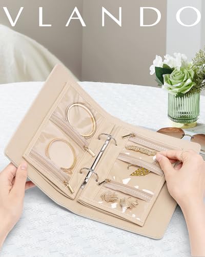 VLANDO Travel Jewelry Organizer Case,Mom Gifts from Daughter,Jewelry Storage Book Ring Binder with Clear Zipper Velvet Jewelry Pouch Bag,Travel Essentials for Rings,Necklace,Earrings-Olive Green - color: 03.Olive Green