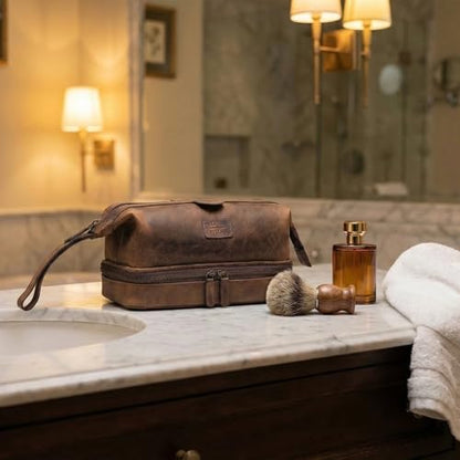 LEATHER VILLAGE Genuine Leather Dopp Kit – Large Travel Toiletry Bag with Waterproof Lining, Dual-Zip Design for Men & Women, Organizer for Shaving, Makeup & Essentials - Brown - color: Brown
