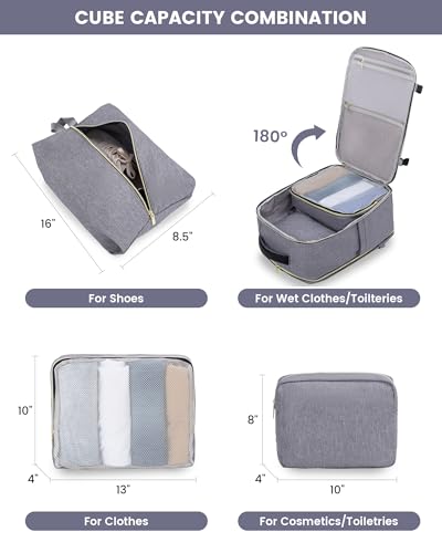 LOVEVOOK Large Travel Backpack for Women, TSA Carry on Backpack for Airplanes, 40L Personal Item Travel Bag for Women fits 17" Laptop,Waterproof Carry on Bag Airplane Approved with 3 Packing Cubes - color: Grey - Beige - Black, size: 40L-4Pcs