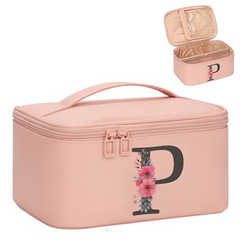 OCHEAL Initial Makeup Bag,Monogram Make up Bag Pink Travel Makeup Organizer Case Beauty Toiletry Cosmetic Bag with Brush Holder, Trendy Stuff Personalized Gifts for Women and Girls-P - color: Pink, style: P