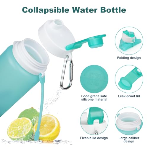 PLTCAT Collapsible Water Bottle, 19oz Foldable Bottle BPA Free Reusable Lightweight Leak-Proof Travel Silicone Water Bottle for Travel, Gym, Hiking, Office, Camping - color: Green and Taro Purple