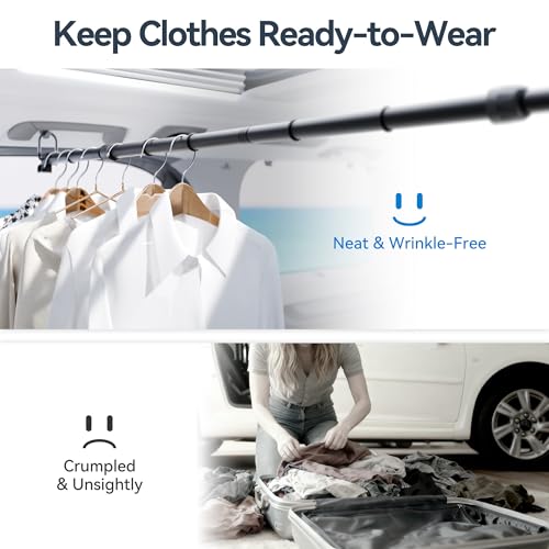 Adjustable Car Clothes Hanger Bar 35-60 Inches – Heavy Duty Travel Garment Organizer, Anti-Wrinkle, Non-Slip Rubber Bands, Fits Cars, SUVs, Vans and Trucks