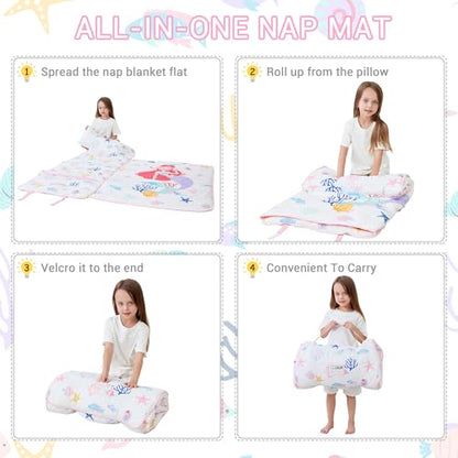 Lasoftan Toddler Nap Mat with Pillow and Blanket, Extra Large Rolled Napping Mats,Slumber Bags for Boys Girls,Kids Sleeping Bag for Daycare, Preschool Travel Camping - color: White Mermaid