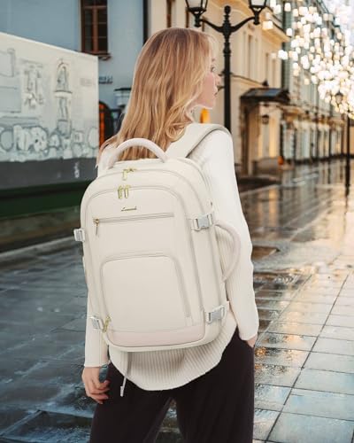 LOVEVOOK Travel Backpack For Women, 40L Carry On Backpack Flight Approved, TSA Personal Item Backpack Fits 17 Inch Laptop, Business Weekender Overnight Waterproof Daypack With 2 Packing Cubes, Beige - color: Beige, size: 40l-17.3 Inch-3pcs
