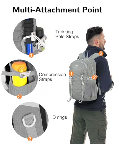 20L Small Waterproof Hiking Backpack Men Women, Lightweight Small Travel Backpack for Outdoor, Gray - color: Grey