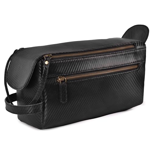 LEATHER VILLAGE Genuine Carbon Fiber Genuine Leather Travel Toiletry Bag - Large Dopp Kit, Water-Resistance Bathroom & Shaving Organizer for Men & Women - Black - color: Carbon Black
