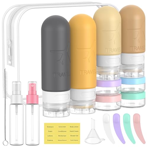 ME.FAN Travel Bottles for Toiletries, 18 Pack TSA Approved Travel Size Containers Set, Silicone Squeezable Portable Split Bottle, Travel Accessories for Conditioner, Shampoo, Lotion - Yellow - color: Apricot