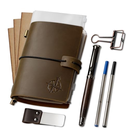 WANDERINGS Pocket Size Travelers Notebook Bundle – 4" x 5.1" (10 x 13cm) – Genuine Leather Journal with Pen Holder, Pen, 2 Ink Refills, PVC Folder & Binder Clip - size: Pocket