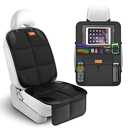SMART ELF Non-Slip Backing Backseat Car Organizer Kick Mat with Storage Pockets, Large Waterproof Baby Car Seat Protector for Leather and Fabric (Black)