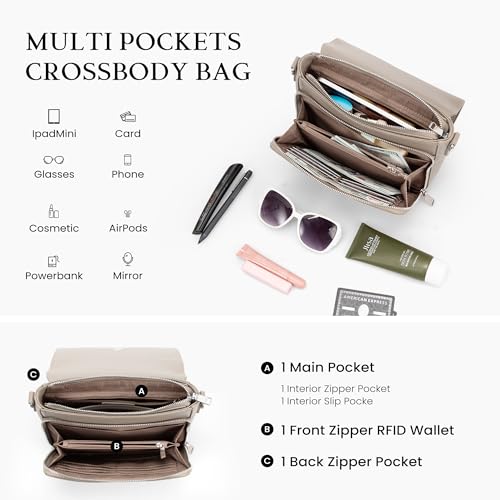 befen Genuine Leather Crossbody Bags for Women Medium Purse with Built in RFID Wallet Womens Soft Cross Body Purse - color: Taupe