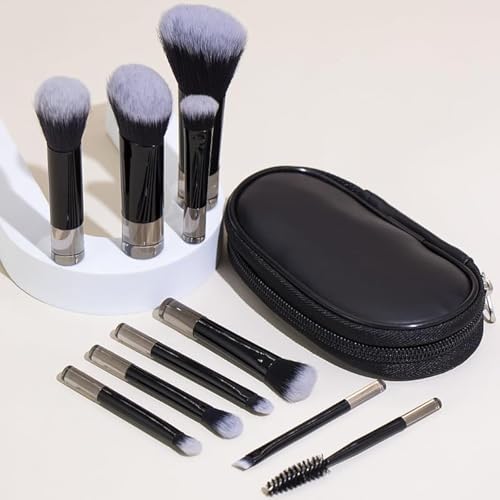 Portable ON THE GO Makeup Brush Set, COSHINE 10pcs Easy-taken Mini Full Complete Function Cosmetic Brushes Kit with Brush Pouch (black) - color: black