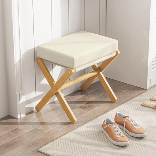 BAMBOOHOMIE Foldable Foot Stool Ottoman, Modern Foot Rest with Bamboo X Legs & Thick Foam Cushion, Folding Foot Stools Small Padded for Bedroom Living Room, Footstool for Chair Couch (Natural - Beige) - color: Natural - Beige