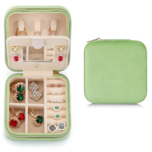 ZPROW Plush Velvet Travel Jewelry Case, Travel Jewelry Organizer, Jewelry Travel Case, Travel Jewelry Box, Small Jewelry Case, Jewelry Travel Box, Earring Organizer with Mirror - LightGreen - color: Velvet 1 Pack - LightGreen