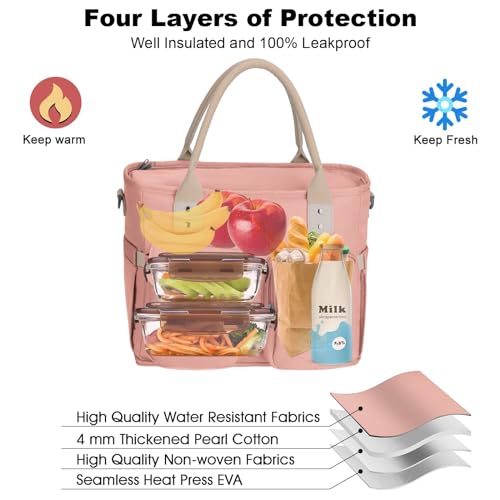 Hafmall 16L Large Pink Lunch Bag for Women, Loncheras para Mujer, Insulated Adult Lunch Tote Box for Work, 4.5Gallon - color: Pink