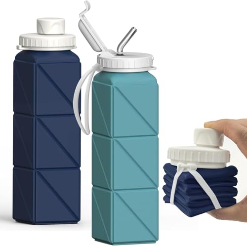 BEAUTAIL Collapsible Water Bottles 20.6oz, Silicone Foldable Portable Travel Water Bottle, Lightweight Reusable Leakproof for Traveling Camping Hiking Cycling Yoga Sports Outdoor - color: Dark Blue+Blue