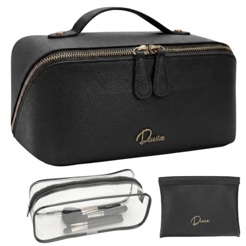 Travel Makeup Bag 3 Pcs Set, Waterproof Vegan Leather Toiletry Bag Organizer with Compartments & Handle, Cosmetic Bags for Women, Portable Travel Essentials Pouch(Upgraded black, 3L) - color: Upgraded black, size: Large