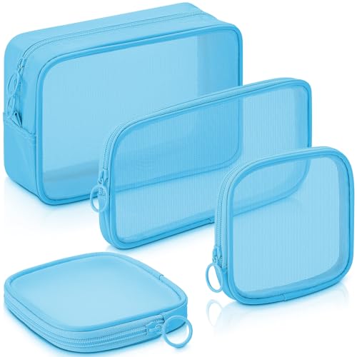 Weewooday 4 Pcs Mesh Makeup Bag Mesh Cosmetic Bag Travel Toiletry Pouch with Zipper Mini Makeup Cosmetic Purse for Daily Accessory(Variety Pack,Blue) - color: Blue, size: Variety Pack