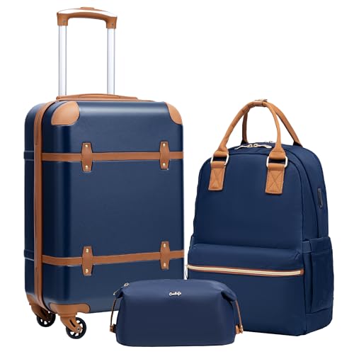 Coolife Luggage Set 3 Piece Suitcase Set Carry On Luggage Hardside Luggage TSA Lock Spinner Wheels Telescopic Handle (Navy, 3 piece set (BP/TB/20)) - color: Navy, size: 3 piece set (BP/TB/20)