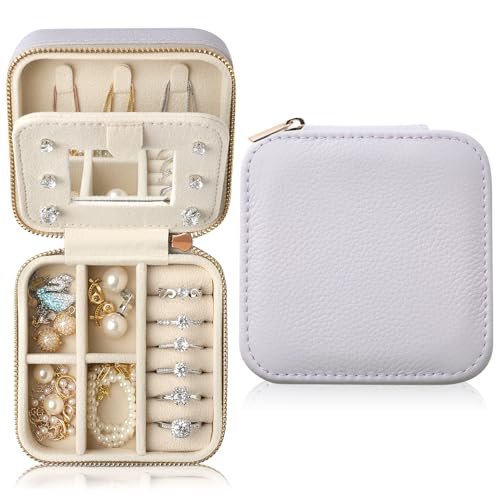 Genuine Leather Travel Jewelry Case Organizer with Mirror for Women, Small Jewelry Box Portable Mini Jewelry Case for Earring, Ring, Necklace, Bracelet（Lychee Grain Purple） - color: Lychee Grain Leather Purple