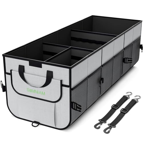 Simniam Car Trunk Organizer with Insulated Grocery Bag- 110L High Capacity Car Storage Box, with 4 Compartments, Reflective Strip, Cover, for Auto, SUV, Truck, Minivan - color: Grey, size: X-Large