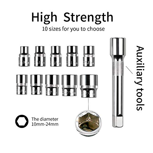 Egofine 12pcs 1/2 Inch Ratchet Socket Wrench Set, Drive Socket Set with 10 Sockets 10-15,17,19,22,24mm and 2 Way Quick Released Ratchet Handle and Extension Bar - size: 1/2, style: 12PC Standard Socket Set