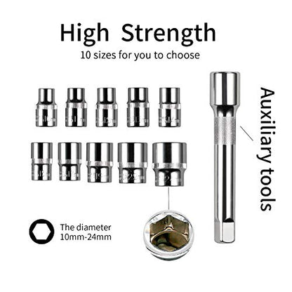 Egofine 12pcs 1/2 Inch Ratchet Socket Wrench Set, Drive Socket Set with 10 Sockets 10-15,17,19,22,24mm and 2 Way Quick Released Ratchet Handle and Extension Bar - size: 1/2, style: 12PC Standard Socket Set