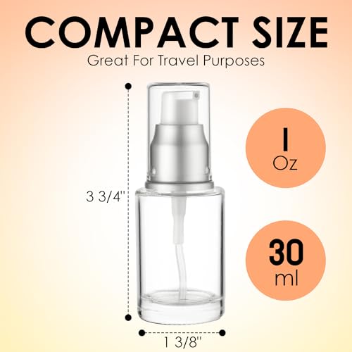 VitalUp 1 Oz 30ml Refillable Luxury Clear Glass Lotion Travel Pump Bottle with Silver Cap for Cosmetics, Lotion, Body Cream, Sanitizers, Cream, Foundation (Pack of 3) - size: 30 ml (3 Pack)