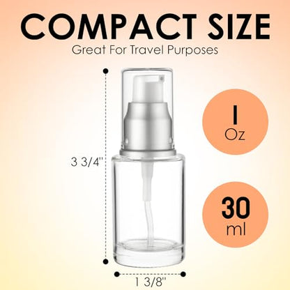 VitalUp 1 Oz 30ml Refillable Luxury Clear Glass Lotion Travel Pump Bottle with Silver Cap for Cosmetics, Lotion, Body Cream, Sanitizers, Cream, Foundation (Pack of 3) - size: 30 ml (3 Pack)