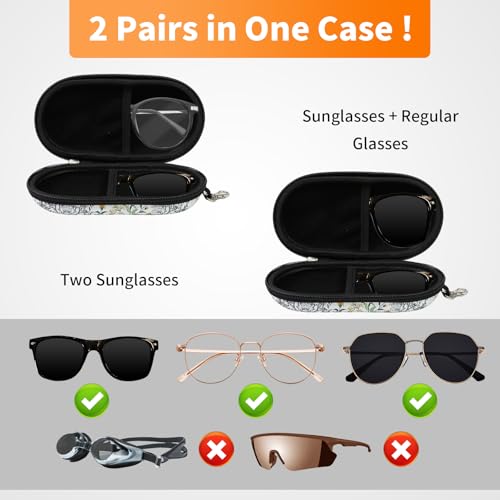 Double Eyeglasses Case, Hard Shell Dual Sunglasses Organizer with Zipper Clip Travel Glasses Storage for Women Men - color: White Flower