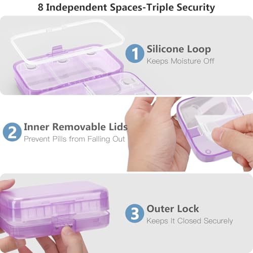 FYY Weekly Pill Organizer with Labels,8 Compartments Travel Daily Pill Case Airtight Moistureproof Large Pill Box to Hold Vitamins, Fish Oil, Supplements,Cotton Swab and Bandages-Purple - color: Purple