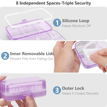 FYY Weekly Pill Organizer with Labels,8 Compartments Travel Daily Pill Case Airtight Moistureproof Large Pill Box to Hold Vitamins, Fish Oil, Supplements,Cotton Swab and Bandages-Purple - color: Purple