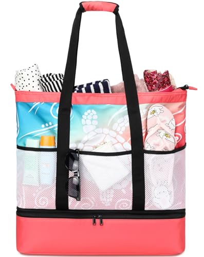 JIANYA Beach Bag Women Waterproof Sandproof Beach Tote Bags with Cooler Top Zipper Large Totes for Pool Travel Daily - color: White Sea Turtle