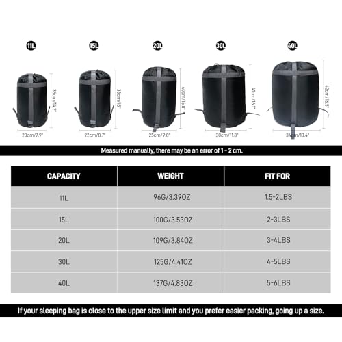 Compression Stuff Sack for Sleeping Bag, 11L/15L/20L/30L/40L Space Saving Storage Bags for Travel, Lightweight Waterproof Organizer for Camping Hiking Backpacking - size: 15L