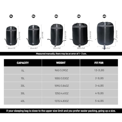 Compression Stuff Sack for Sleeping Bag, 11L/15L/20L/30L/40L Space Saving Storage Bags for Travel, Lightweight Waterproof Organizer for Camping Hiking Backpacking - size: 15L