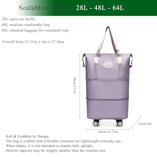 Expandable Foldable Duffel Bag with Detachable Wheels, 64L Large Capacity Rolling Travel Duffle Bag, Lightweight Carry on Luggage with Spinner Wheels, Weekend Gym Tote Bag (Light Purple) - color: Light Purple