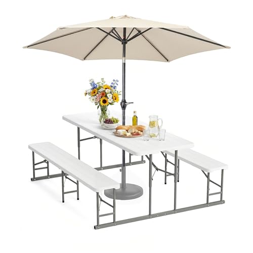 VINGLI Folding Picnic Table and Bench Set with Umbrella, Portable Outdoor Dining Furniture for Camping, Patio, Backyard, Wood Grain Plastic Top with Metal Frame - color: White, style: With Kaqi Umbrella