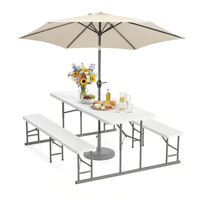 VINGLI Folding Picnic Table and Bench Set with Umbrella, Portable Outdoor Dining Furniture for Camping, Patio, Backyard, Wood Grain Plastic Top with Metal Frame - color: White, style: With Kaqi Umbrella