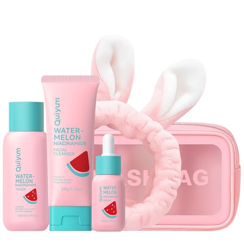 QUIYUM Watermelon & Niacinamide Skincare Set, 3pc Glow Facial Kit for Teens | 3-in-1 Daily Routine: Cleanser, Toner, Serum; Glow Up Formula with Niacinamide; Aesthetic Gift for Teenage Girls & Beginners - size: 3 Pieces