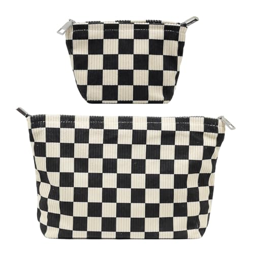 2 Pcs Checkered Makeup Bag Set Corduroy Cosmetic Pouch for Women Large & Small Cute Preppy Aesthetic Black And White Travel Toiletry Pouch Organizer for Purse Skincare Brushes - style: Checkered Black Corduroy