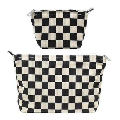 2 Pcs Checkered Makeup Bag Set Corduroy Cosmetic Pouch for Women Large & Small Cute Preppy Aesthetic Black And White Travel Toiletry Pouch Organizer for Purse Skincare Brushes - style: Checkered Black Corduroy
