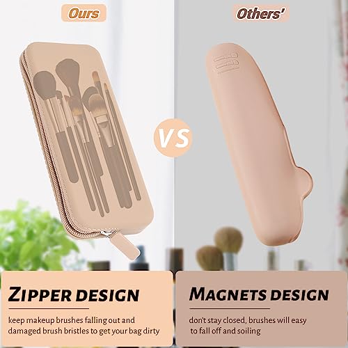Sakolla Travel Makeup Brush Holder, Silicone Makeup Brush Bag with Zipper Closure, Makeup Brushes Organizer Case Washable Makeup Pouch Holder Case for Daily, Work, Essentials（Khaki） - color: Regular Khaki